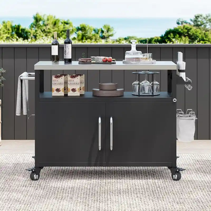 Isla de cocina exterior con encimera de acero inoxidable, mesa para parrilla de metal con gabinete de almacenamiento - N/A