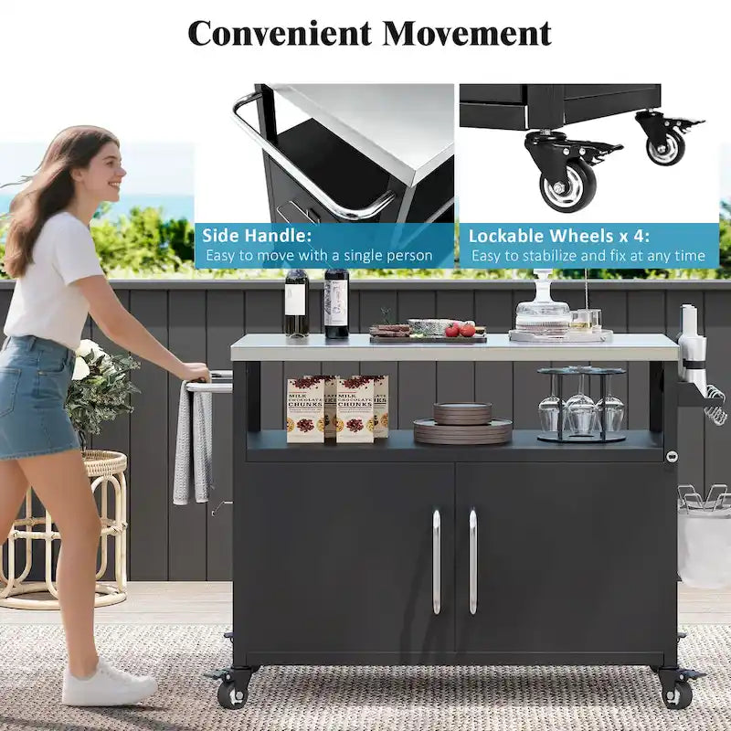 Isla de cocina exterior con encimera de acero inoxidable, mesa para parrilla de metal con gabinete de almacenamiento - N/A