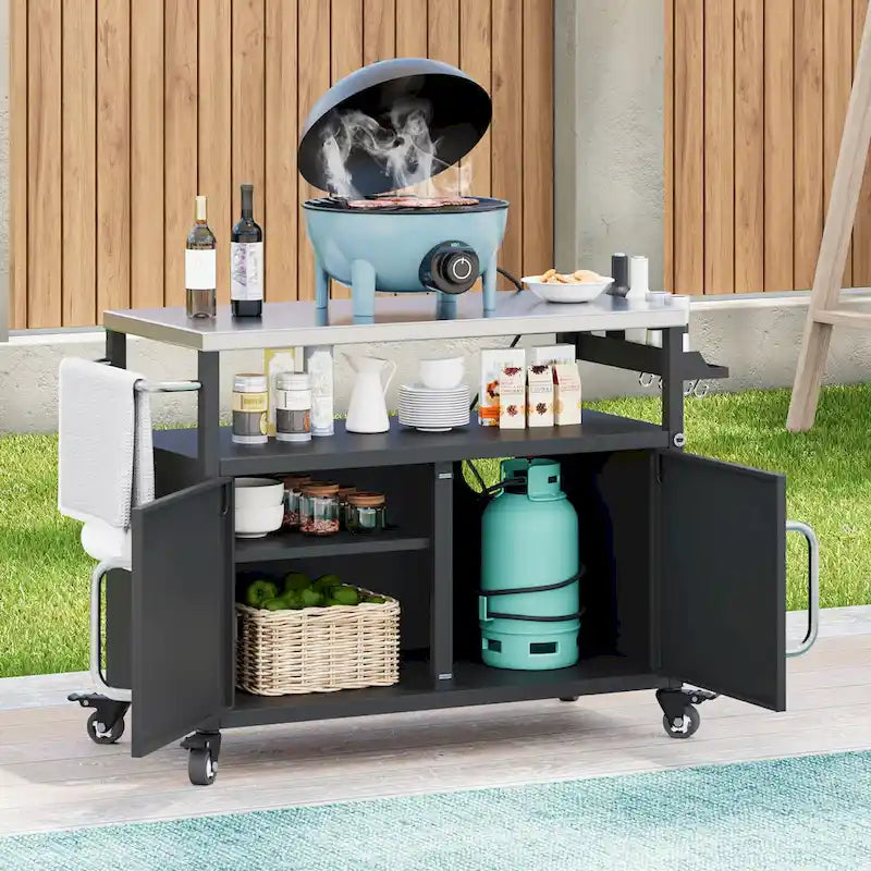 Isla de cocina exterior con encimera de acero inoxidable, mesa para parrilla de metal con gabinete de almacenamiento - N/A