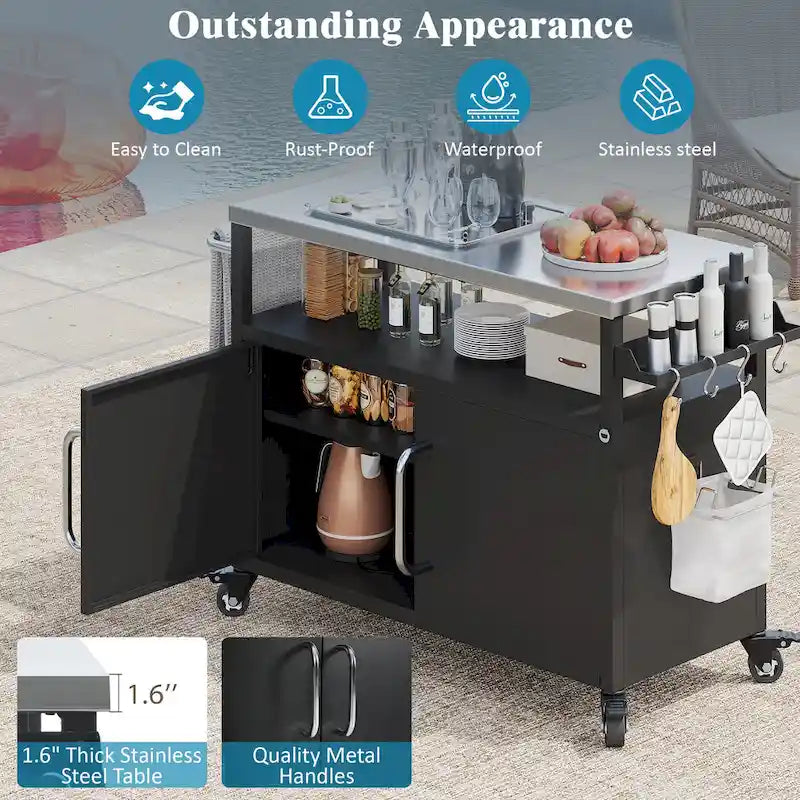 Isla de cocina exterior con encimera de acero inoxidable, mesa para parrilla de metal con gabinete de almacenamiento - N/A