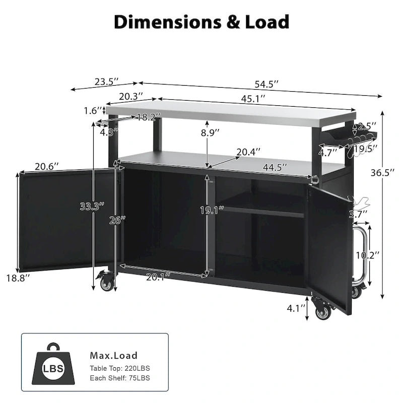 Isla de cocina exterior con encimera de acero inoxidable, mesa para parrilla de metal con gabinete de almacenamiento - N/A