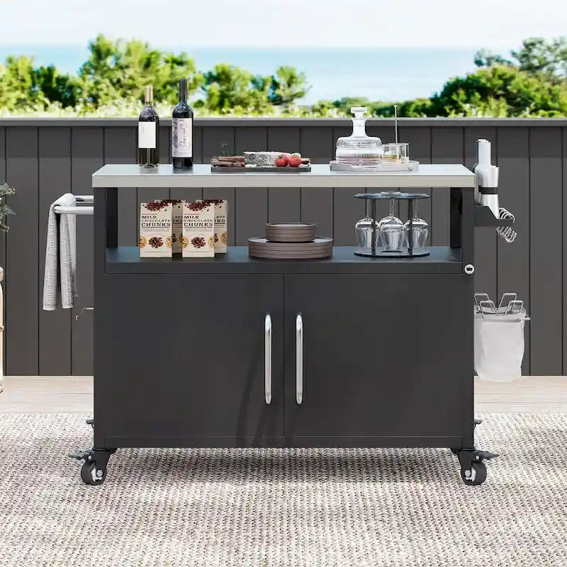 Isla de cocina exterior con encimera de acero inoxidable, mesa para parrilla de metal con gabinete de almacenamiento - N/A