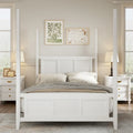 Cama de poste Queen, marco de madera tradicional, diseño de rejilla horizontal, blanca