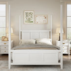 Cama de poste Queen, marco de madera tradicional, diseño de rejilla horizontal, blanca