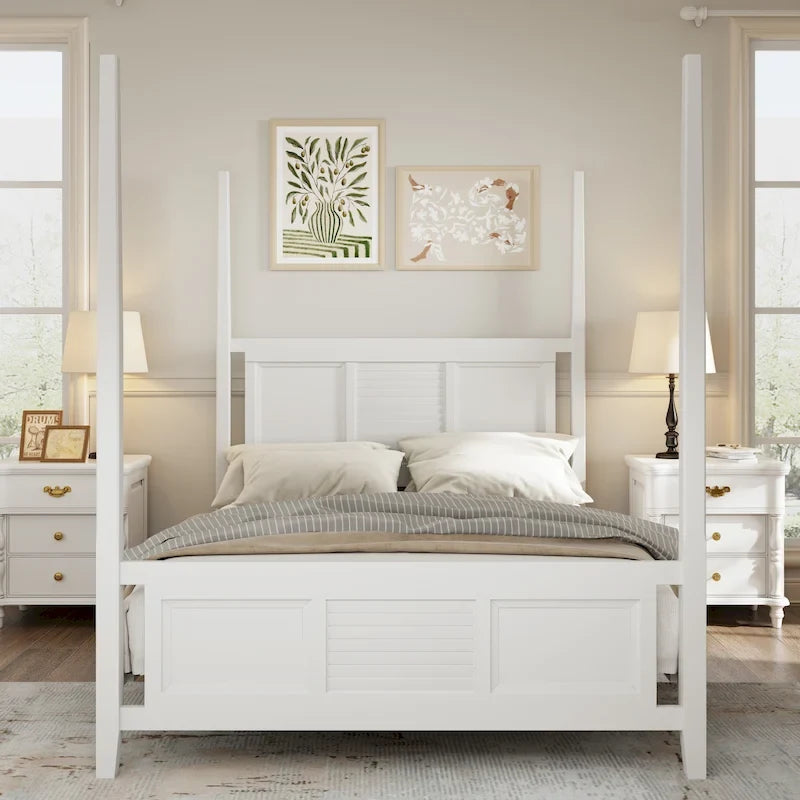 Cama de poste Queen, marco de madera tradicional, diseño de rejilla horizontal, blanca