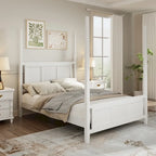 Cama de poste Queen, marco de madera tradicional, diseño de rejilla horizontal, blanca