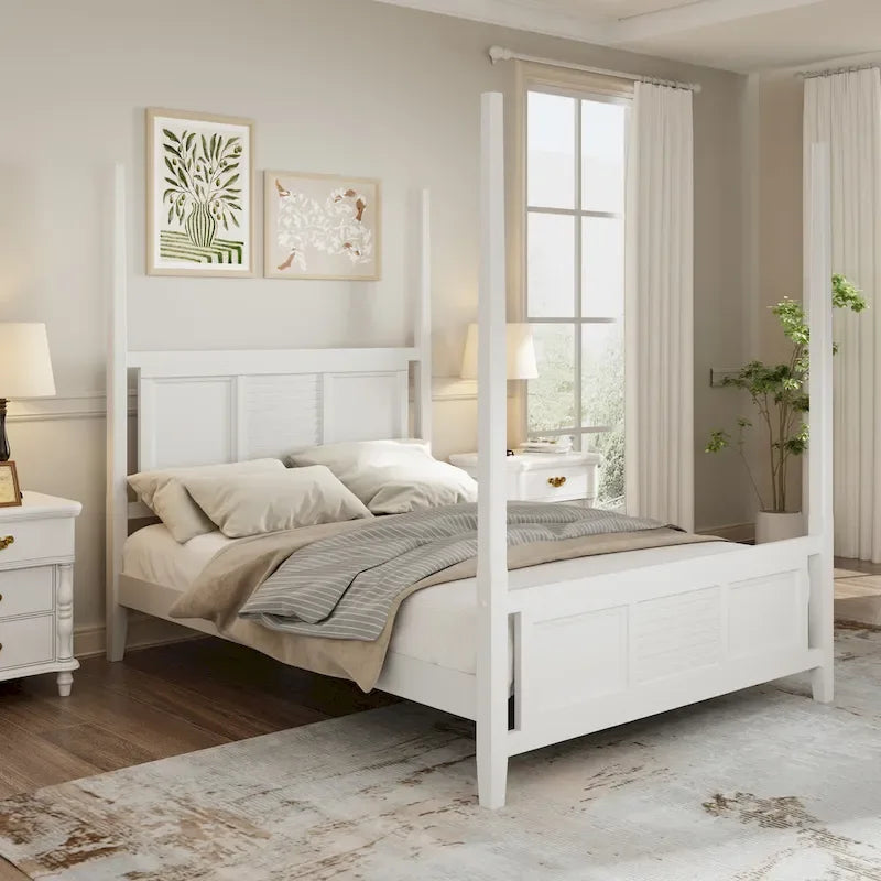 Cama de poste Queen, marco de madera tradicional, diseño de rejilla horizontal, blanca