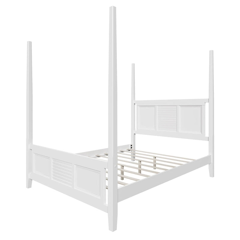 Cama de poste Queen, marco de madera tradicional, diseño de rejilla horizontal, blanca