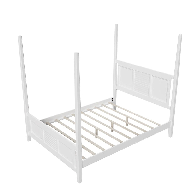 Cama de poste Queen, marco de madera tradicional, diseño de rejilla horizontal, blanca