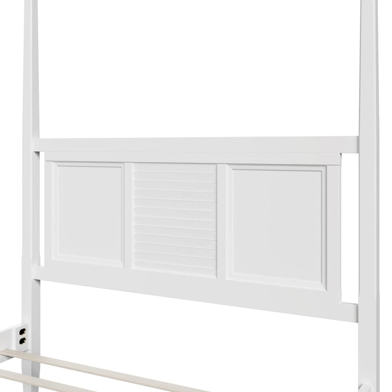 Cama de poste Queen, marco de madera tradicional, diseño de rejilla horizontal, blanca
