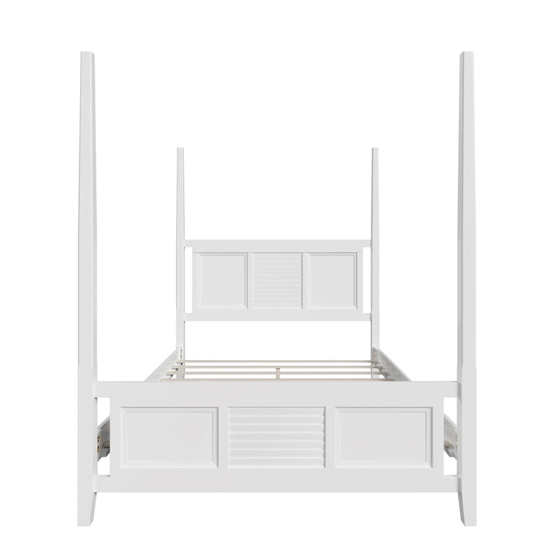 Cama de poste Queen, marco de madera tradicional, diseño de rejilla horizontal, blanca