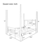 Cama de poste Queen, marco de madera tradicional, diseño de rejilla horizontal, blanca