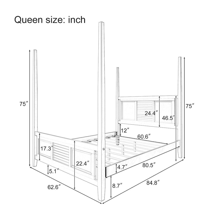 Cama de poste Queen, marco de madera tradicional, diseño de rejilla horizontal, blanca