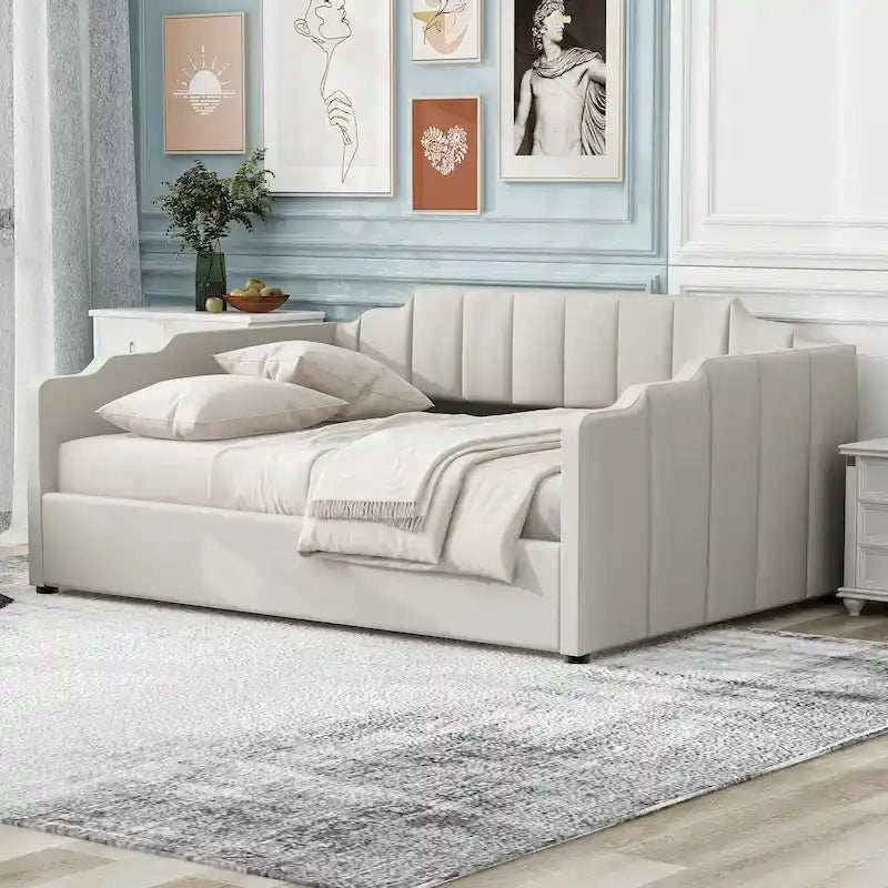 Canapé tapizado con almacenaje inferior, tamaño completo, beige
