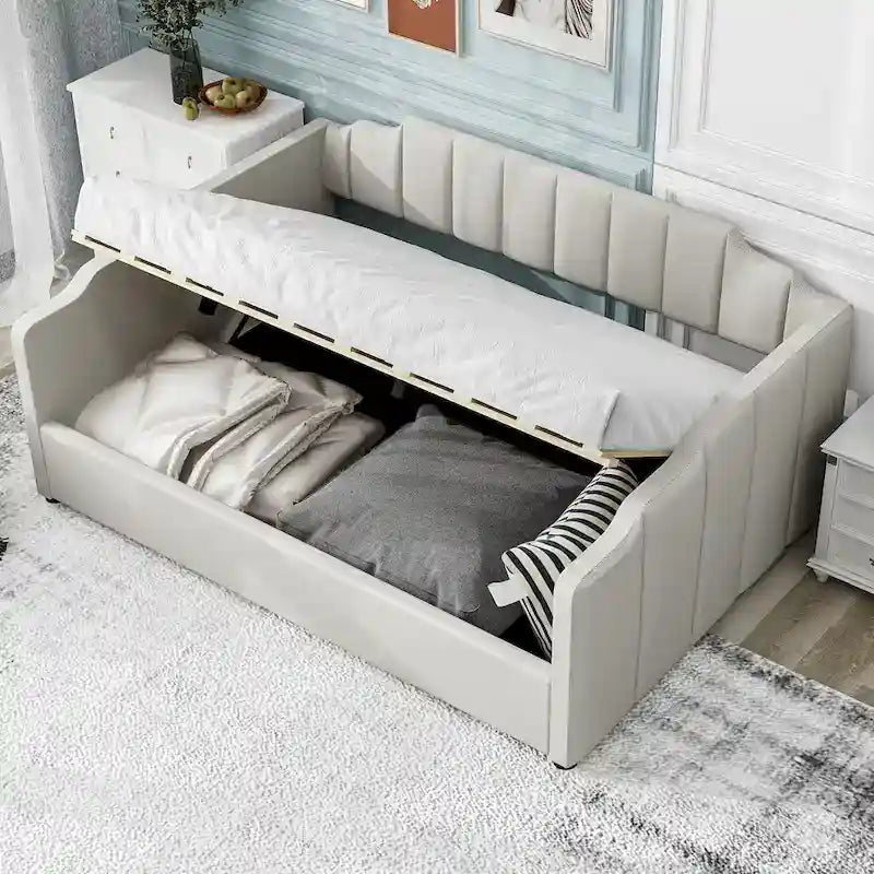 Canapé tapizado con almacenaje inferior, tamaño completo, beige