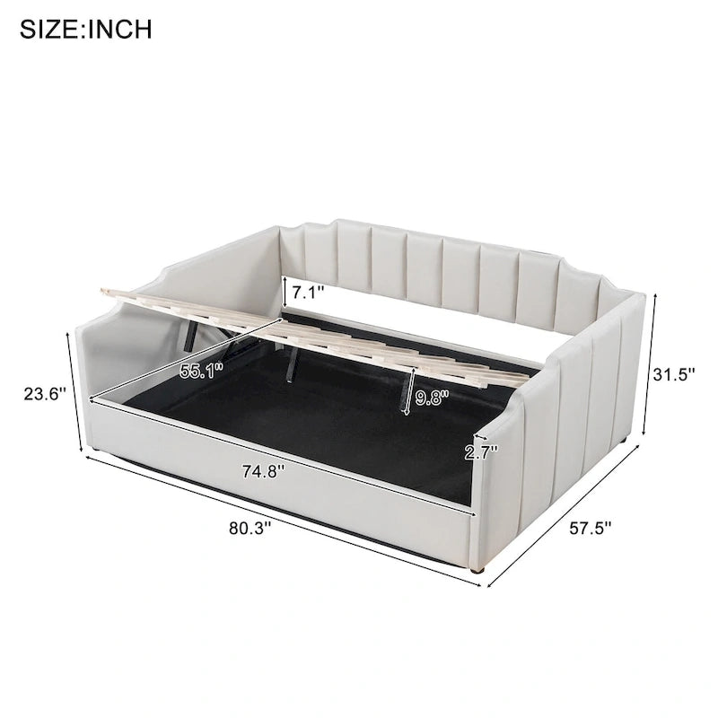 Canapé tapizado con almacenaje inferior, tamaño completo, beige