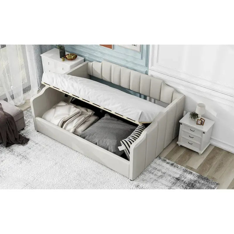 Canapé tapizado con almacenaje inferior, tamaño completo, beige