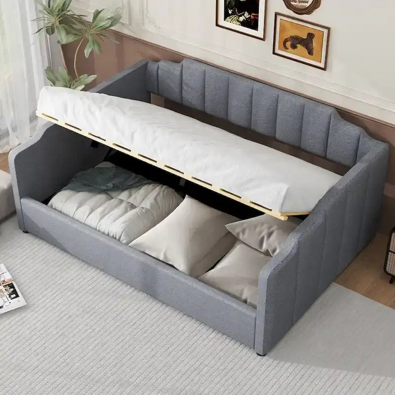 Canapé tapizado con almacenaje inferior, tamaño completo, beige