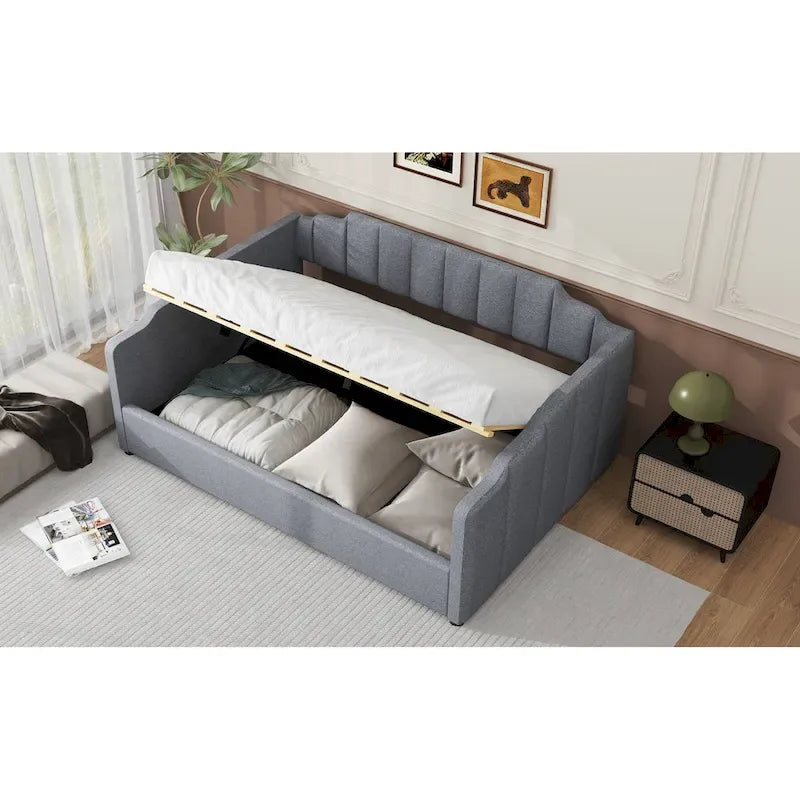 Canapé tapizado con almacenaje inferior, tamaño completo, beige