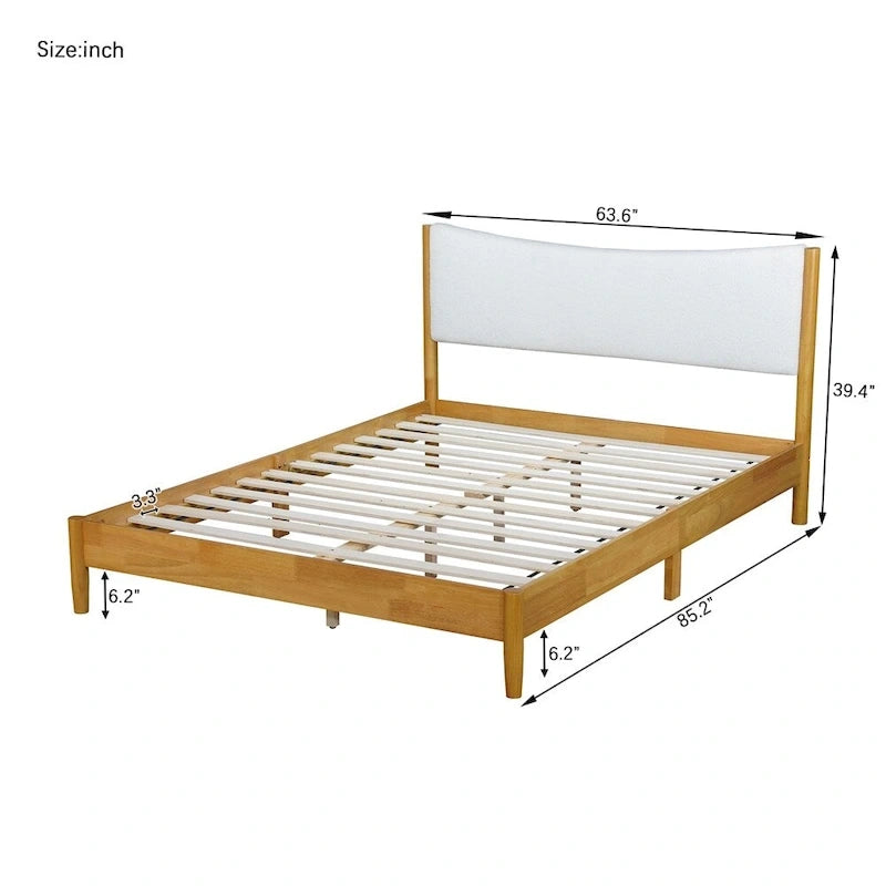 Cama Queen de Madera de Caucho, Cama de Madera Maciza con Cabecero Tapizado