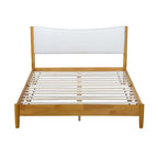 Cama Queen de Madera de Caucho, Cama de Madera Maciza con Cabecero Tapizado