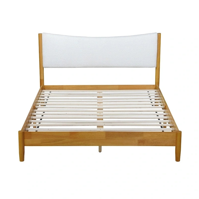 Cama Queen de Madera de Caucho, Cama de Madera Maciza con Cabecero Tapizado