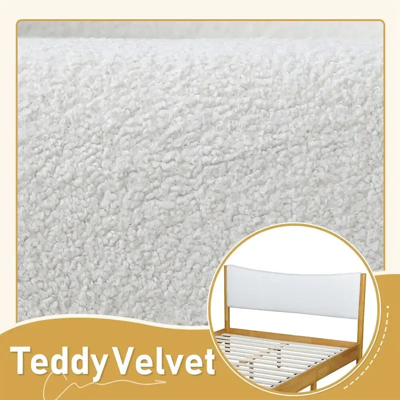 Cama Queen de Madera de Caucho, Cama de Madera Maciza con Cabecero Tapizado
