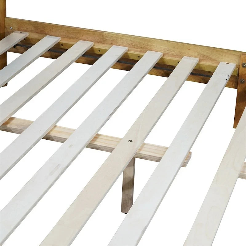 Cama Queen de Madera de Caucho, Cama de Madera Maciza con Cabecero Tapizado