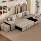 Roomfitters 3-Seater Modern L-Shape Reversible Sectional Couch, Pull-Out Sleeper Sofa with Storage Chaise and Two Stools