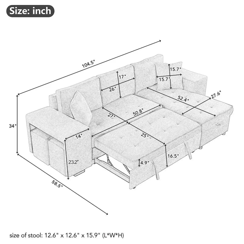Sofá seccional moderno en L de 3 plazas y reversible, sofá cama extraíble con chaise longue de almacenamiento
