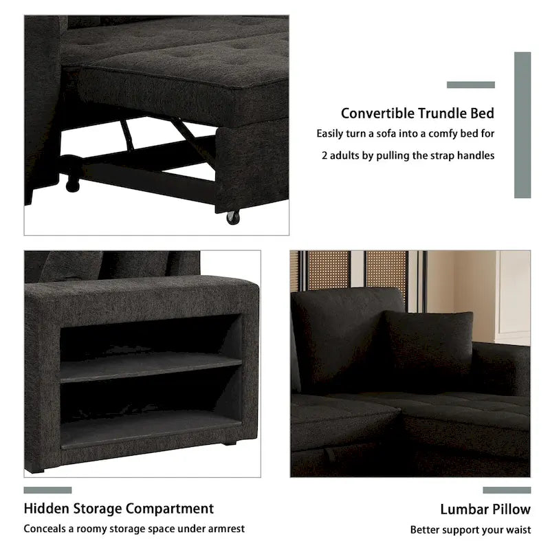 Sofá seccional moderno en L de 3 plazas y reversible, sofá cama extraíble con chaise longue de almacenamiento