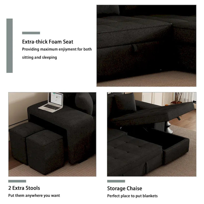 Sofá seccional moderno en L de 3 plazas y reversible, sofá cama extraíble con chaise longue de almacenamiento