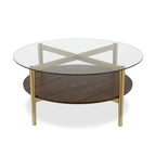 36-Inch Round Glass Coffee Table with Gold Steel Base and Shelf for Storage Modern Living Room Accent Piece - 36L x 36W x 17H
