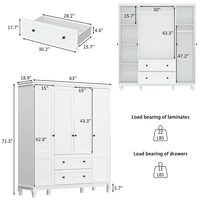 Armario Armoire Laca Blanca Madera Diseñada para Dormitorio