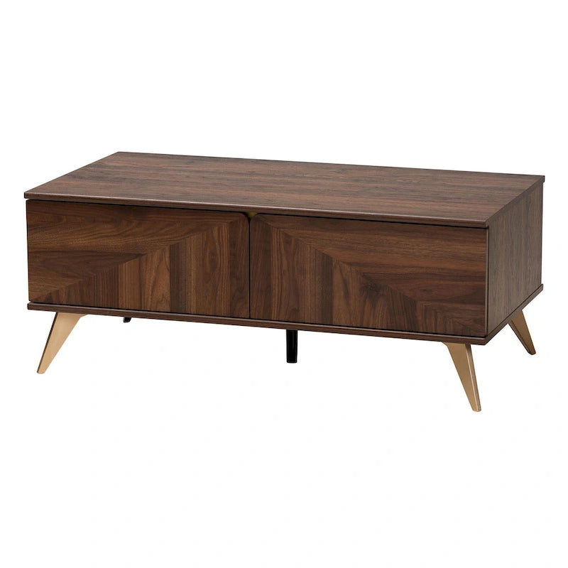 Mesa de centro de madera con acabado de nogal, de transición moderna de mediados de siglo, con 2 cajones