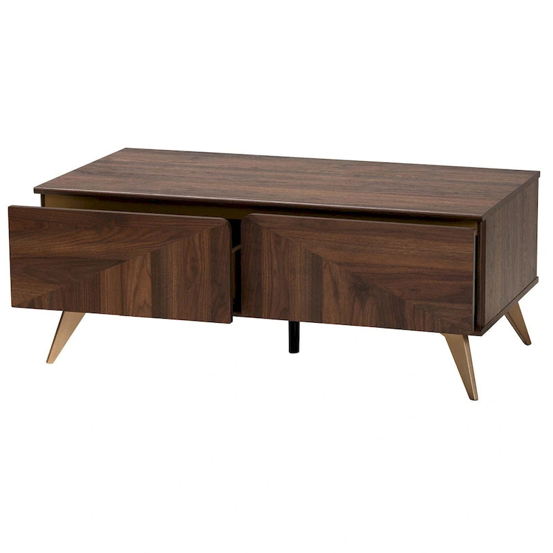 Mesa de centro de madera con acabado de nogal, de transición moderna de mediados de siglo, con 2 cajones