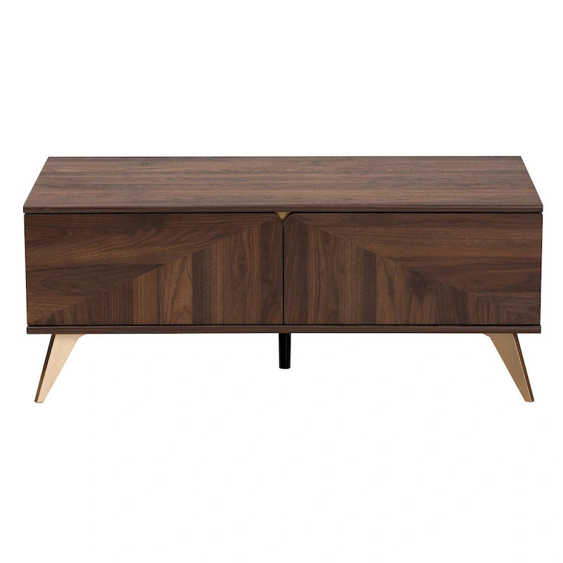 Mesa de centro de madera con acabado de nogal, de transición moderna de mediados de siglo, con 2 cajones