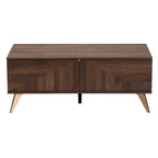 Mesa de centro de madera con acabado de nogal, de transición moderna de mediados de siglo, con 2 cajones