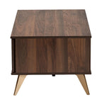 Mesa de centro de madera con acabado de nogal, de transición moderna de mediados de siglo, con 2 cajones