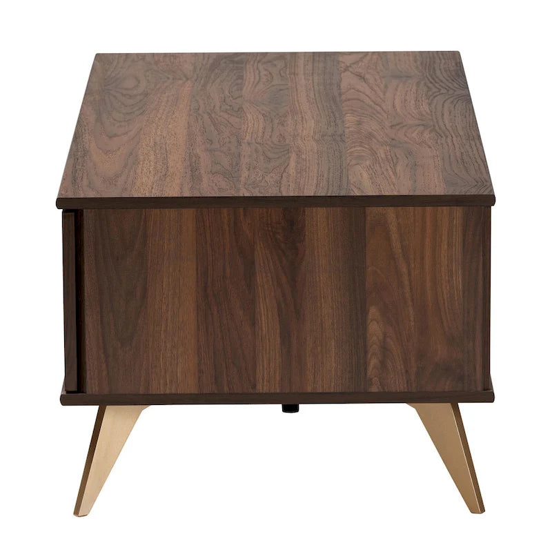 Mesa de centro de madera con acabado de nogal, de transición moderna de mediados de siglo, con 2 cajones