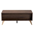Mesa de centro de madera con acabado de nogal, de transición moderna de mediados de siglo, con 2 cajones
