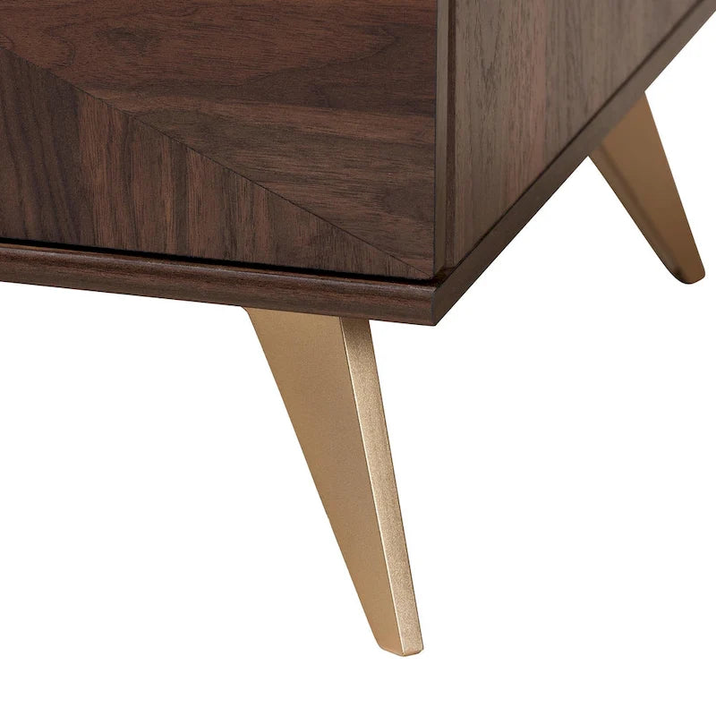 Mesa de centro de madera con acabado de nogal, de transición moderna de mediados de siglo, con 2 cajones