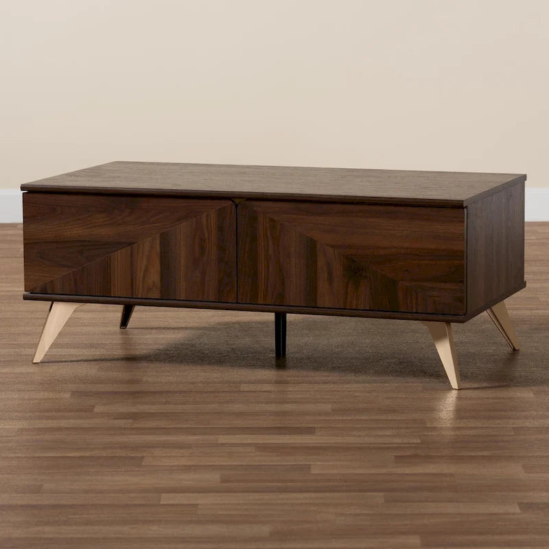 Mesa de centro de madera con acabado de nogal, de transición moderna de mediados de siglo, con 2 cajones