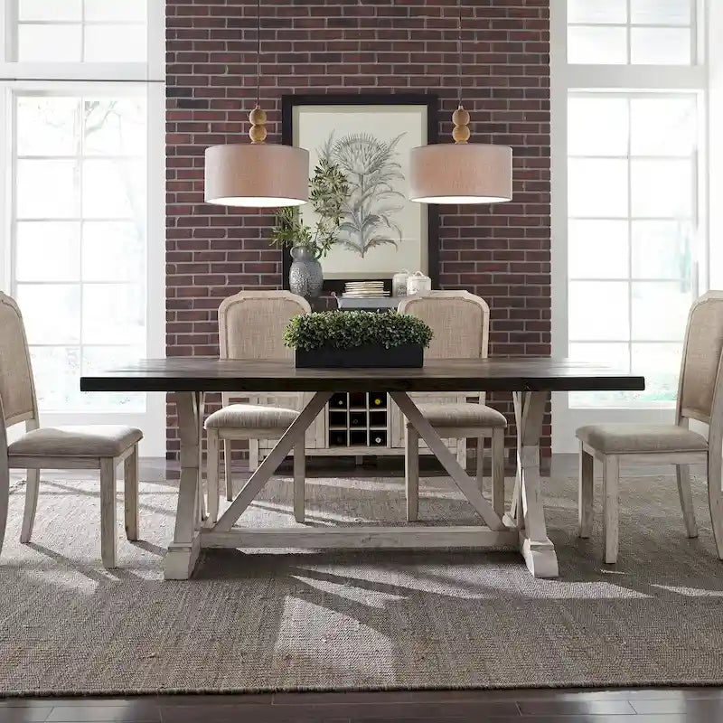 Mesa de caballete rústica blanca con acabado gris envejecido