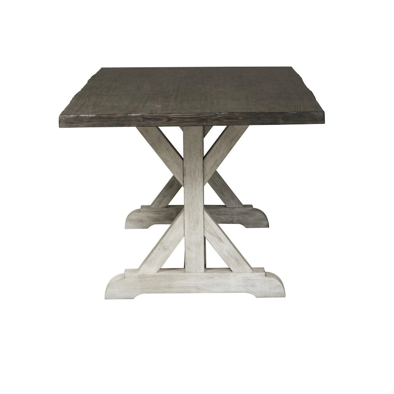 Mesa de caballete rústica blanca con acabado gris envejecido