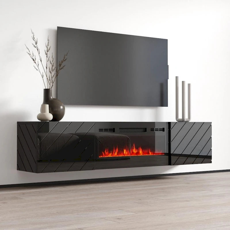 Mueble de TV de 72 pulgadas con chimenea eléctrica integrada, incluye kit de montaje en pared