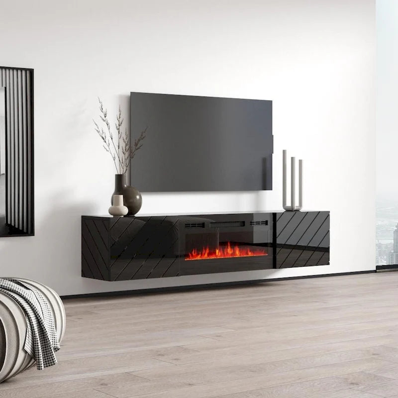 Mueble de TV de 72 pulgadas con chimenea eléctrica integrada, incluye kit de montaje en pared