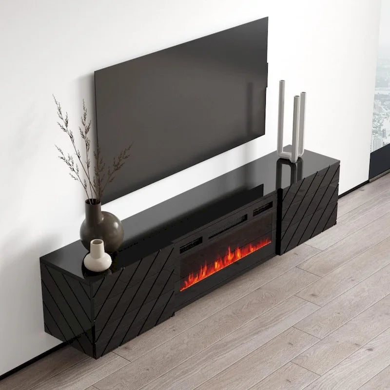 Mueble de TV de 72 pulgadas con chimenea eléctrica integrada, incluye kit de montaje en pared