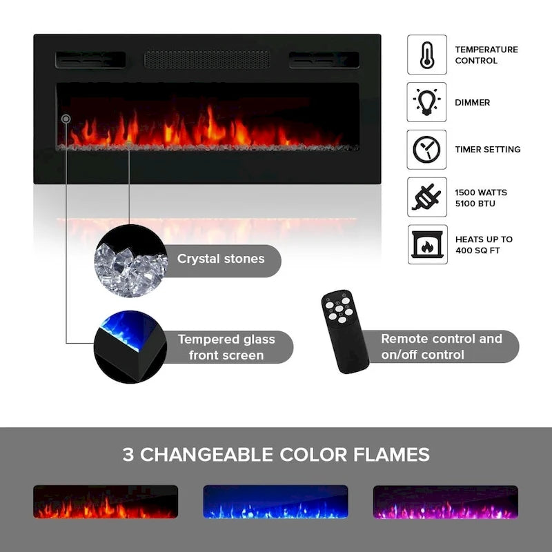 Mueble de TV de 72 pulgadas con chimenea eléctrica integrada, incluye kit de montaje en pared
