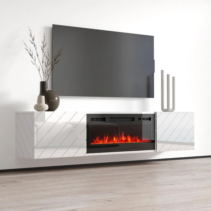 Mueble de TV de 72 pulgadas con chimenea eléctrica integrada, incluye kit de montaje en pared